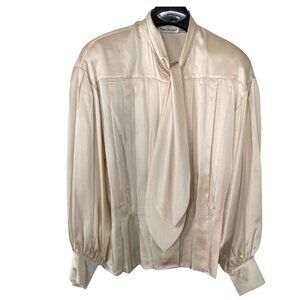 Vintage Ann Klein II Tie Neck 100% Silk Blouse SZ 8 Cream Long Sleeve Academia